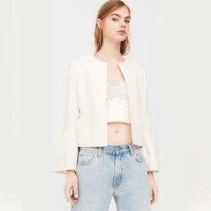 Mango White Peplum Flounce Cuffs Collarless Open Jacket, Size S